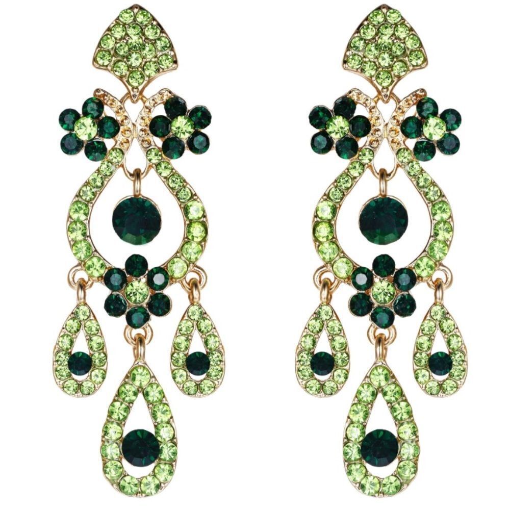 Yellow Gold with Emerald Peridot Green Austrian Crystal Vase Chandelier Earrings